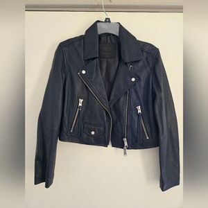 Allsaints Blue Cropped Leather Biker Jacket